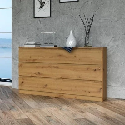 Image de Commode Aspect Bois 140 cm 6 Tiroirs Meuble de Rangement Moderne pour Chambre 138x40x75 Design Élégant Chene Artisan