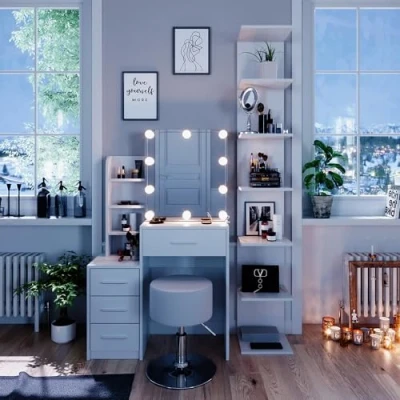 Image de Vicco Coiffeuse Conrada, Blanc, 80 cm avec éclairage LED et Tabouret