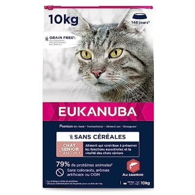 Image de EUKANUBA Grain Free Croquettes pour Chat Senior Riche en saumon Apport L carnitine Enrichie taurine, Sans OGM, colorants, arômes artificiels 10 kg
