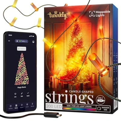 Image de Twinkly Strings Candle 200 LED, Guirlande Leds en Forme de Bougie, Fil Lumineux LED Multicolore RGB, Compatible avec Alexa, Google Home, Lumières Gaming, Alimentation USB C, Vert, 2 x 6m
