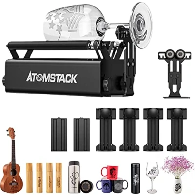 Image de ATOMSTACK R3 Pro Lot de rouleaux rotatifs laser avec colonne support et siège support, 8 vitesses réglables, module gravure à l&#039;axe Y 360 pour sculptures boîtes d&#039;objets cylindriques