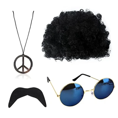 Image de GWAWG hippie costume set, Vintage vêtements accessoires des années 1960 1970, perruques Funky, lunettes de soleil, barbe et Peace logo collier pour les fêtes à thème 50 70