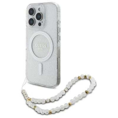 Image de Étui Guess pour iPhone 16 Pro 6.3 transparent étui rigide IML Glitter With Pearl Strap MagSafe Neuf