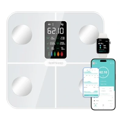 Image de Healthkeep Balance Pèse Personne Connectée Impédancemètre avec Affichage VA 15 Données Corporelles et Fréquence Cardiaque pour APP Andriod iOS Max. 180kg/400lb, Blanc