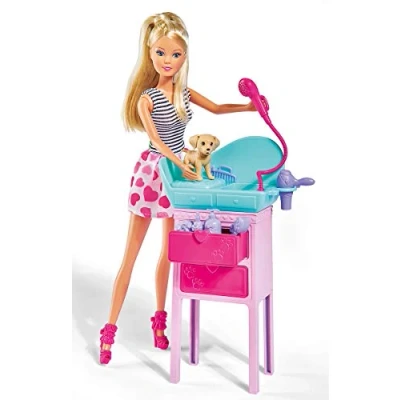 Image de Simba Steffi Love Cute Pet Salon 105733266 Station de lavage pour chien avec douche, tiroirs ouvrants, deux chiens, accessoires soins, poupée dressing, 29 cm, enfants à partir 3 ans