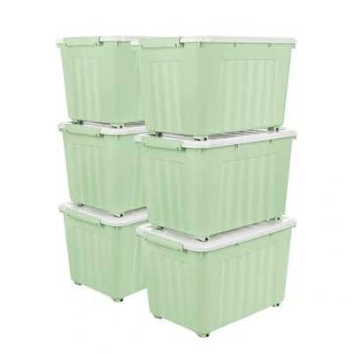 Image de Cetomo Lot de 6 boîtes rangement en plastique 55 L x 6, vertes, avec couvercle durable et boucles verrouillage sécurisées, empilables emboîtables, boucle