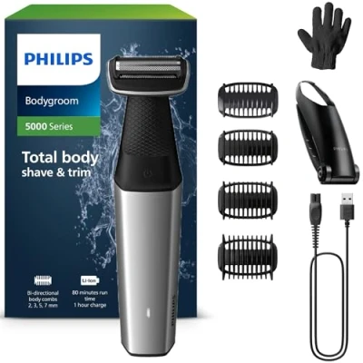 Image de Philips Bodygroom Series 5000, tondeuse corps et entrejambe étanche, rasage de près confortable, pour toutes les zones du y compris le dos, 60 min. Autonomie, modèle BG5021/16