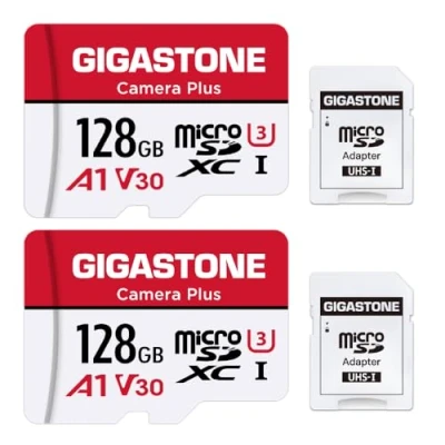 Image de Gigastone Carte Mémoire 128 Go Lot de 2 Cartes, Caméra Plus Série, Vitesse allant jusqu&#039;à 95 Mo/s. idéal pour Full HD Video Drone Gopro Caméra, U3 Micro SDXC avec Mini Coque et Adaptateur SD.