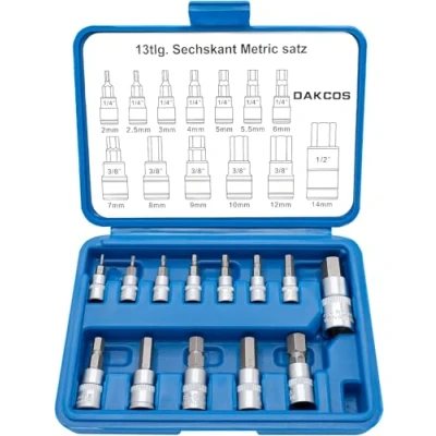 Image de DAKCOS 13pc Jeu de clés à Douille hexagonales, embout hexagonal 2mm 14mm, Douilles six pans 1/4, 3/8, 1/2, allen avec étui rangement