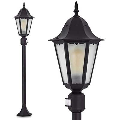 Image de lampe d&#039;extérieur Hongkong Frost, détecteur de mouvement, lampadaire en look antique, fonte d&#039;aluminium noir mat, vitres verre dépoli, chemin/de jardin rétro, E27, IP44, sans ampoules