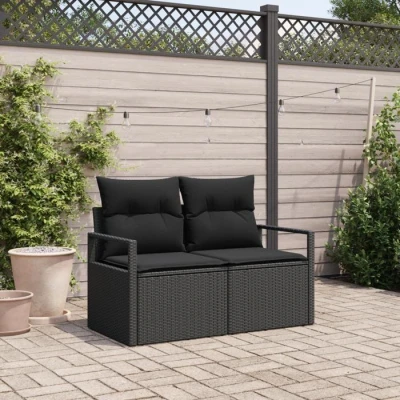 Image de Canapé de jardin 2 places vidaXL avec coussins en rattan poly noir 42006761