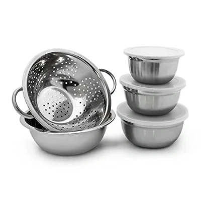 Image de Relaxdays 10019118 Lot de 5 pièces empilables 3 bols en acier inoxydable avec couvercle 1 saladier Passoire Inox mélanger conserver, argenté 30 x 24 10 cm