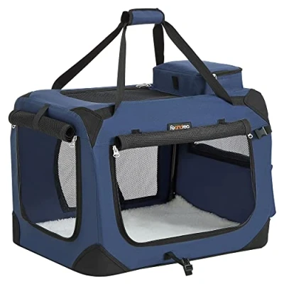 Image de Feandrea Sac Transport Chat Chien, Caisse Pliable Animaux de Companie, Taille M, Tissu Oxford, Filet, Respirant, Portable, Cadre en Métal, avec Poignées et Pochettes, 60 x 42 cm, Bleu Foncé