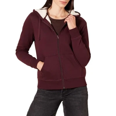 Image de Amazon Essentials Veste à capuche zippée en polaire, doublée de sherpa (disponible grandes tailles) Femme, Bordeaux, M