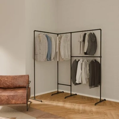Image de pamo Tringles à vêtements autoportantes design loft industriel LAS EDGE Garde robe pour dressing I, porte manteau chambre coucher en tuyaux noirs robustes autoportant