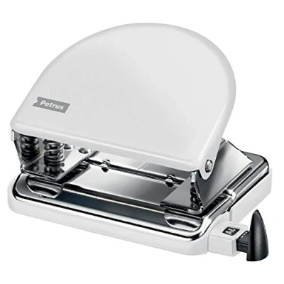 Image de Petrus 626828 Perceuse de bureau classique avec barre guide et marquages format, perforation 20 feuilles, métal, gamme WOW Blanc