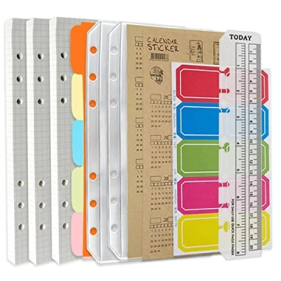 Image de DY.2ten Lot de recharges A5 pour carnet notes à 6 trous 135 feuilles papier graphique + 2 pochettes fermeture éclair 5 intercalaires onglets index avec date règle