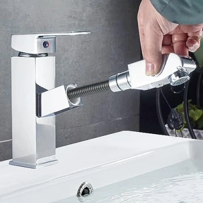 Image de robinet salle bain douchette acier inox levier unique eau chaude et froide avec 2 tuyaux inclus mitigeur de lavabo