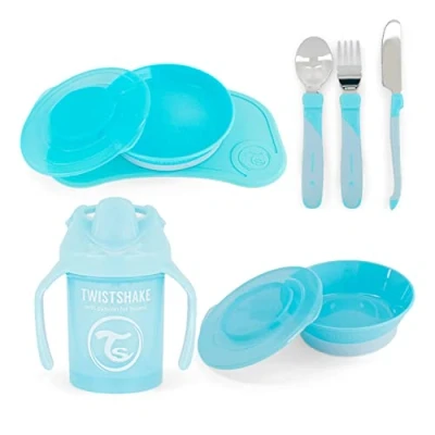 Image de Twistshake Ensemble de Vaisselle 4 Pièces 1x Set Table 1 Assiette Bol Bébé 3 Couverts Inox Gobelet pour 6 Mois et Plus Bleu Clair