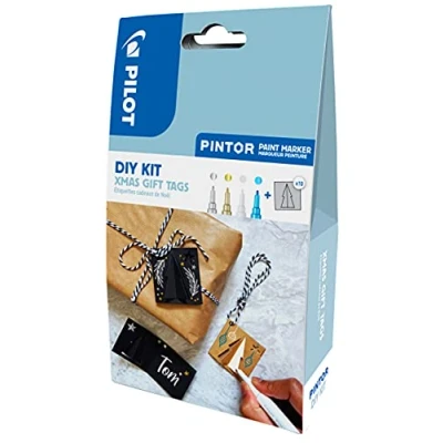 Image de PILOT Pintor, Kit Créatif Étiquettes Cadeaux de Noël + 4 Marqueurs Peinture Multi Supports à Base d’Eau, Séchage Rapide DIY Argent, Or, Blanc, Bleu métallisé Pointe Fine