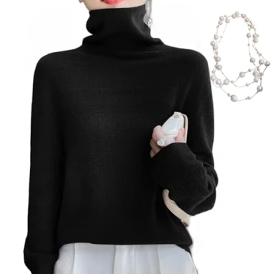 Image de KEYULI Pull Angora à col roulé en Cachemire pour Femme,Pull Chaud et Ample mélange de Cachemire,Pull Tricot Solide Femme avec Collier (Noir,L (55 60kg))