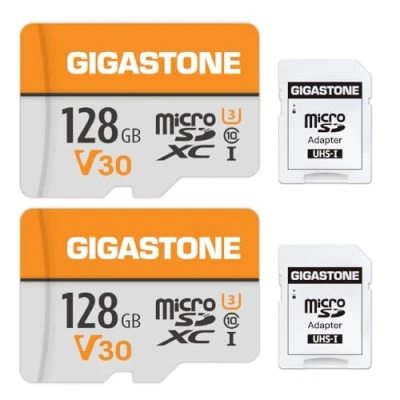 Image de Gigastone Lot de 2 Cartes Mémoire 128 Go Micro SDXC, Compatible avec Gopro Caméra Drone Tablette Samsung Sony, Haute Vitesse pour 4K UHD Vidéo, A1 U3 C10 Mini étui et Adaptateur SD.