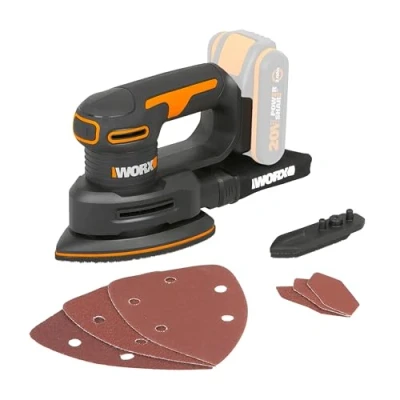 Image de WORX Ponceuse triangulaire sans fil 20V 2Ah WX822.9 (Livrée batterie ni chargeur, 6 abrasifs, doit de ponçage et coffret)