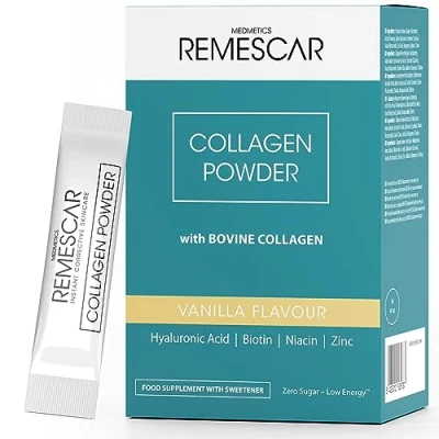 Image de Remescar Poudre de Collagen Vanille 30 Sachets Collagène Bovin avec Acide Hyaluronique, Biotine, Vitamine C, Zinc pour le maintien d&#039;une peau et cheveux normaux