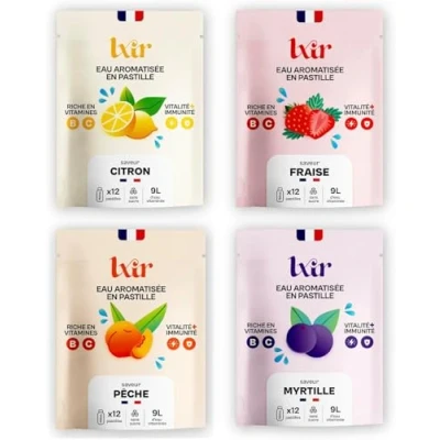 Image de LXIR DRINK Eau aromatisée en pastille sans sucre Boisson multivitamines Vitamines C et B Hydratation quotidienne Beauté de la peau Vitalité 48 pastilles Citron/Fraise/Menthe/Myrtille
