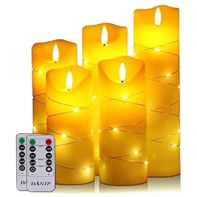 Image de bougies LED sans flamme, 5 avec starlight et télécommande, minuterie 24 heures, flamme dansante, vraie cire, alimentation par batterie (ivoire)
