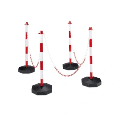 Image de Relaxdays 10020484 4 Poteaux de signalisation et délimitation avec chaînes barrière parking 82 x 112 28 cm Rouge gris