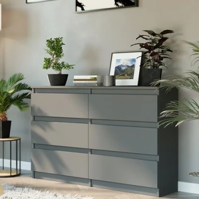 Image de Home Collective Commode à 6 tiroirs En bois avec Buffet haut Pour chambre coucher, salon, couloir, bureau Organiseur 120 x 30 77 cm Anthracite