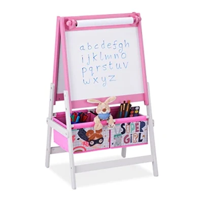 Image de Relaxdays Tableau Dessin Enfant, 2 en 1, à Rouleau de Papier&amp;Panier, HLP 94x52x46,5 cm, Noir, Rose/Blanc