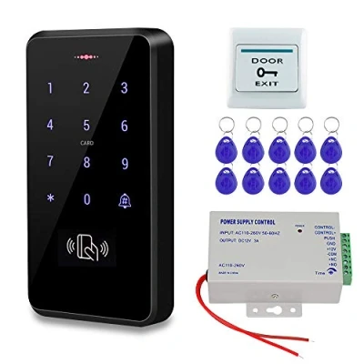 Image de HFeng Kit de Système Contrôle d&#039;accès Porte Extérieure IP68 Lecteur Carte à Clavier RFID étanche + Alimentation Bouton Exit 10pcs clés (sans Serrure)