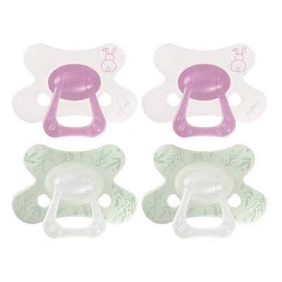 Image de Difrax Natural Sucette 6 12 Mois Tétine en Silicone Souple Motif Lapin &amp; Feuilles Mauve Vert Menthe 4 Pièces Anatomique Facile à Accepter Sans BPA Confort Nocturne