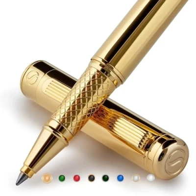 Image de Scriveiner Stylo Roller Coffret Or Finition 24 Carats, Rechargeable, Beau Cadeau pour Homme &amp; Femme avec Boîte, Accessoire de Bureau Professionnel