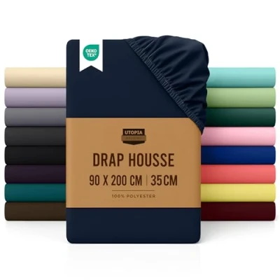 Image de Utopia Bedding Drap Housse Bleu Marine, 90 x 200 cm Bonnets 35 pour Matelas Épais Polyester Microfibre Brosséee
