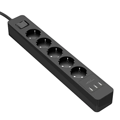 Image de KabelDirekt Bloc multiprise (5 prises, 3 porte chargeurs USB, max. 4,8 A, charge multiprise, 4000 W, 250 V, 16 certifié GS et TÜV, sécurité enfant, protection parafoudre, surtension)