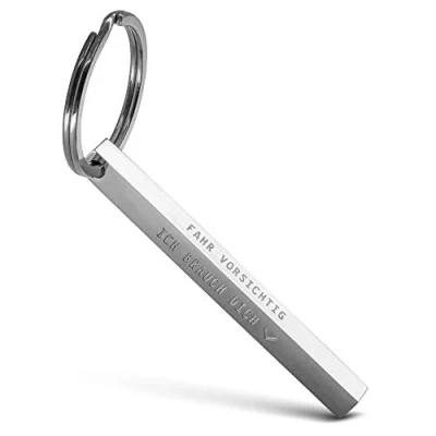Image de FABACH Porte clés Cuboid « Fahr vorsichtig ich braucht dich Quader Auto Schlüsselanhänger aus Edelstahl Stäbchen Anhänger mit tiefer filigraner Gravur vorsichtig, argenté, 1