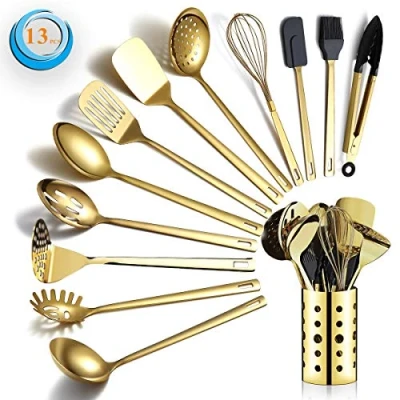 Image de Berglander ensemble d&#039;ustensiles de cuisine en acier inoxydable or 13 pièces avec placage titane, d&#039;outils porte ustensiles, va au lave vaisselle, facile à nettoyer