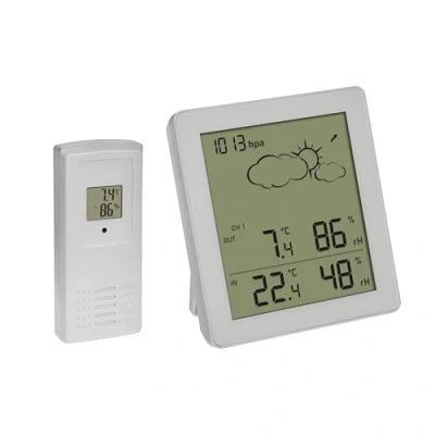 Image de TFA Dostmann Station météo numérique sans fil Clear, 35.1168.02, capteur extérieur, température et humidité int./ext., prévisions avec pression atmosphérique symboles, petit, blanc
