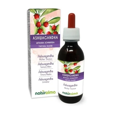 Image de Ashwagandha ou Ginseng indien (Withania somnifera) racines Teinture Mère sans alcool Naturalma Extrait liquide gouttes 120 ml Complément alimentaire Végétalien végan