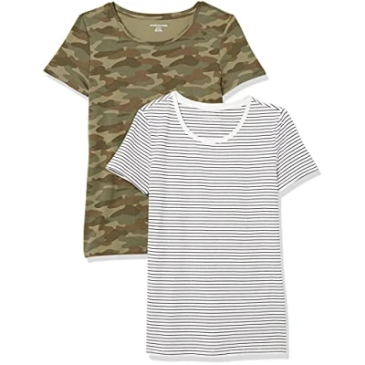 Image de Amazon Essentials T Shirt Col Rond à Manches Courtes Coupe Classique Femme, Lot de 2, Blanc Rayures/Vert Olive Camouflage, XL
