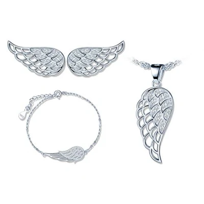 Image de Yumilok Ensembles de Bijoux en Argent 925, Collier Aile d&#039;ange Mignon, Boucles d&#039;oreilles Ailes d&#039;ange, et Bracelet d&#039;aile Femme Fille, Zircon incrusté, Cadeau Noël Anniversaire