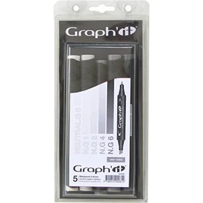 Image de GRAPH’IT Marker Set de 5 marqueurs à alcool double pointe pour dessin manga et illustration, fine biseautée Grey Tones