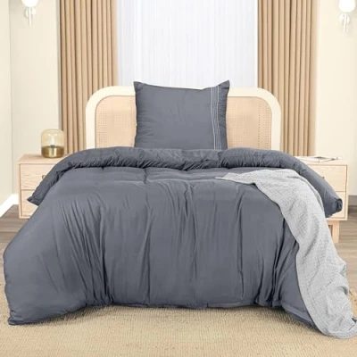 Image de Utopia Bedding Housse de Couette 1 Personne 135x200 cm avec Taie d&#039;oreiller Brodée 80x80 (Gris) Parure lit Ensembles Housses en Microfibre brossée Douce