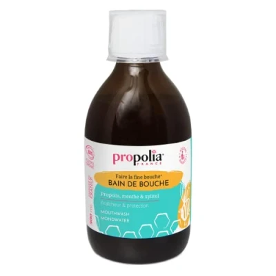 Image de PROPOLIA Bio Bain de bouche quotidien Purifie et apaise les gencives Protection Haleine fraîche Propolis, Menthe &amp; Xylitol Efficacité 12h Fabriqué en France 300 ml