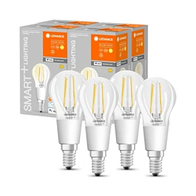 Image de LEDVANCE Ampoule LED intelligente avec Wifi, culot E14, gradable, blanc chaud (2700K), forme de goutte, filament clair, remplacement 75W, contrôlable Alexa, Google et App, paquet 4