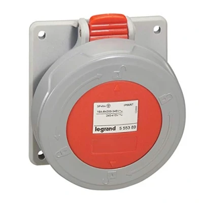 Image de Prise à entraxes unifiés fixe P17 plastique IP66/67 IK09 3P+N+T 16A 380V 415V peut se fixer sur plastron, boîte d&#039;encastrement