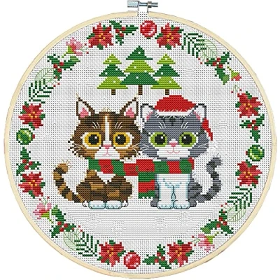 Image de Awesocrafts Kit de broderie au point croix avec deux chatons Noël 11 carats Motifs estampillés
